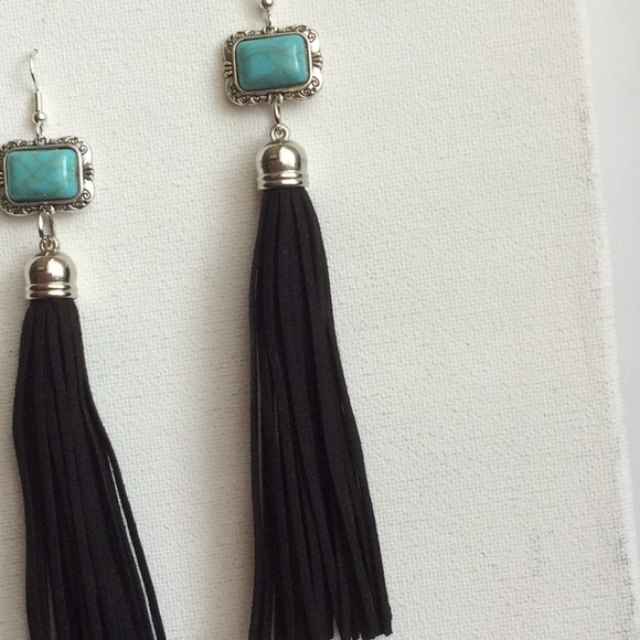 Turquoise & Leather Tassel Earrings - Picture 4 of 7